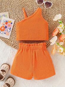 2 件套女婴休闲时尚日常百搭时尚橙色纯色舒适弹力贴身纹理针织不对称领口吊带背心上衣和宽松短裤 OOTD 服装，适合户外、度假、育儿活动或时尚摄影，春夏新品
