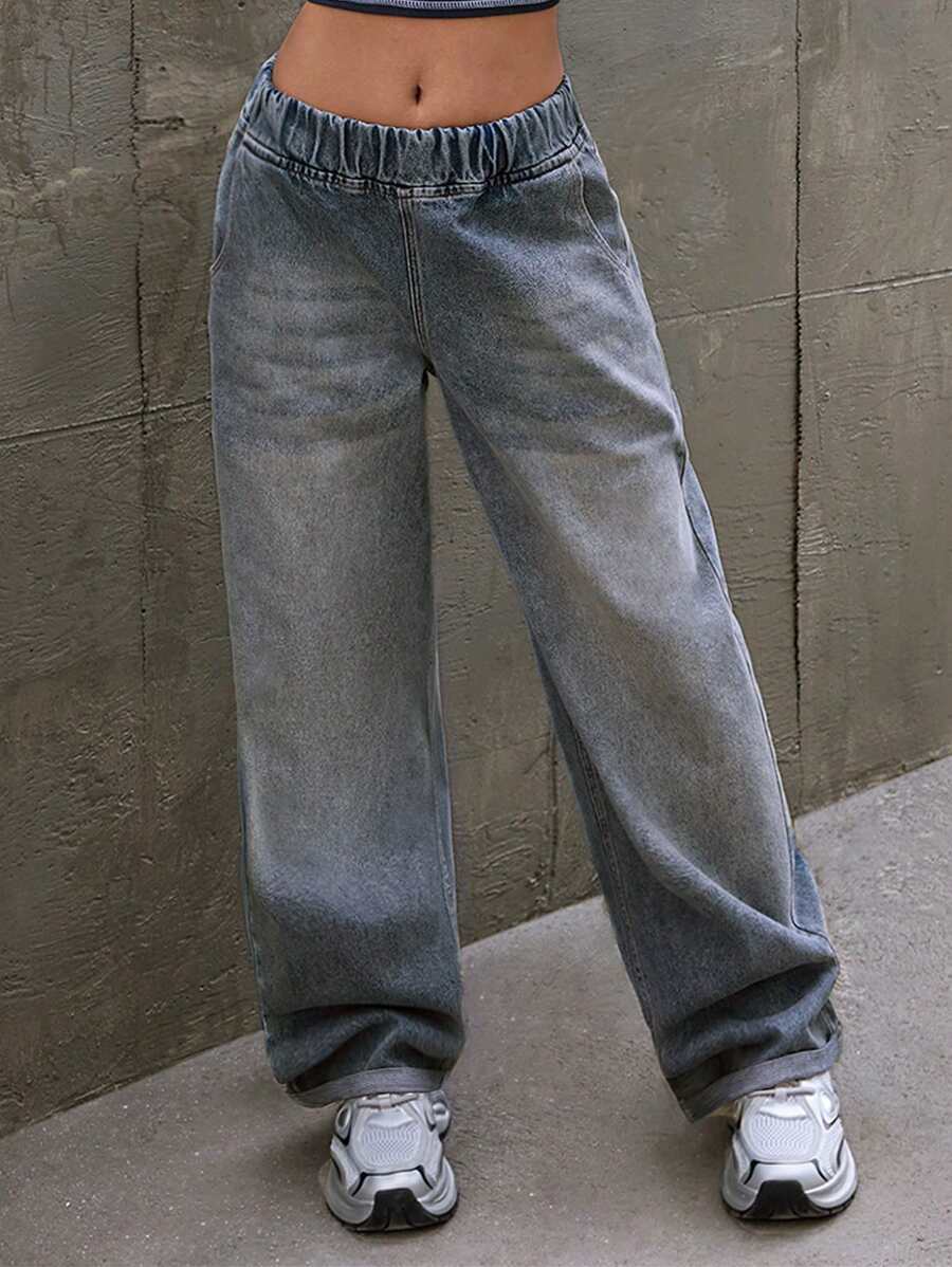 EURMUSE HIGH RISE BAGGY JEAN WITH ELASTIC BELT Women Clothing Jeans Baggy Jeans Women Women Baggy Jeans Women Jeans Baggy Low Rise Jeans Baggy - Medium Wash - View 1