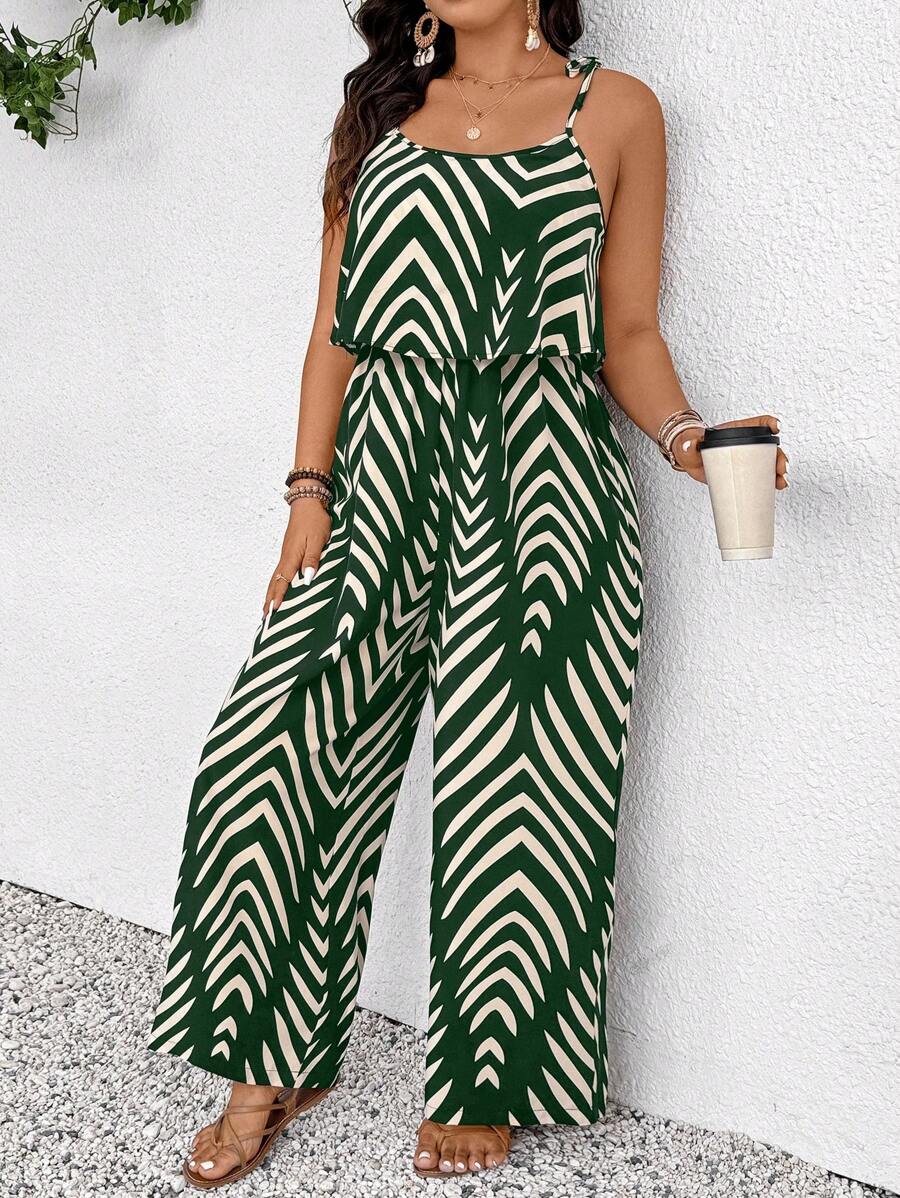 SHEIN Frenchy Plus Size Geometric Pattern Sleeveless Jumpsuit, Boho/Bohemian Casual & Vacation - Green - View 1