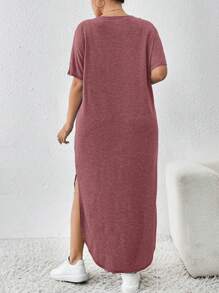 SHEIN Essnce Vestido de bata largo con diseño de bolsillo y abertura, de moda casual para primavera y verano, talla grande para mujer