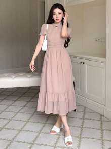 Vestido elegante y minimalista de unicolor con mangas abullonadas, vestido de cóctel de verano, vestido casual para mujer - Rosa Pálido - Ver 4