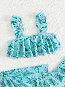 女孩油画薰衣草花卉印花双层荷叶边三件式比基尼泳衣，母女装（两件单独出售） - 彩色 - 查看 5