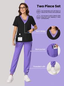 Scrubzie Ten Pockets Scrub Set Solid Color Patchwork Short Sleeve Pocket Casual Top And Long Pants Scrub Uniform Set Women Scrubs For Women Women Scrub Sets Nurse Scrub Sets Women Scrub Sets For Women Essential Jogger Scrub Set Nursing Scrub Uniform Stretch V-Neck Top & Drawstring Pants Notch V-Neck Tuck In Top & Drawstring Straight Leg Pants - Black - View 1
