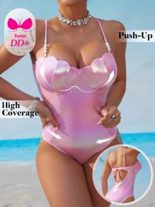 Swim DD+ 1 mảnh DD+ kim loại sáng bóng, màu trơn ngọc trai ngọt ngào & vỏ sò trang trí dây mảnh có thể điều chỉnh - Hồng - Xem 5