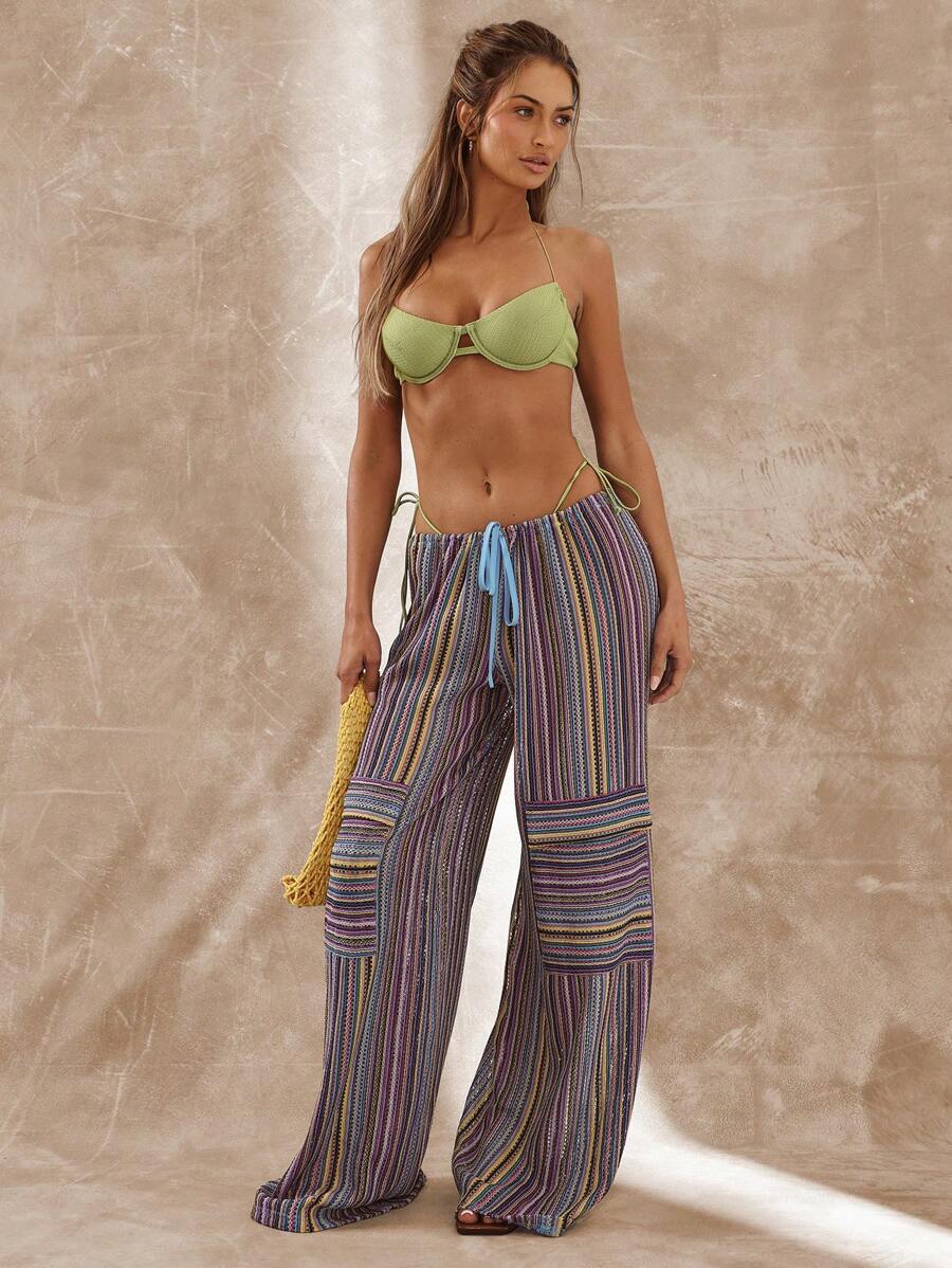 MUSERA Crochet Pocket Low Rise Wide Leg Trouser Vacation Summer Holiday Beach - Multicolor - View 1