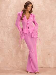 SHEIN BAE 2pcs/Set Women's Elegant Ruffled Tie Front Long Sleeve Chiffon Blouse And Extra Long Skirt, Suitable For Valentine's Day, Party, Romantic Date, Bridesmaid, Ball Gown, Office Commute, Pink Chiffon, Beach Vacation - Pink - View 5