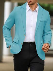 Calvornis Men's Solid Lapel Collar Long Sleeve Casual Business Blazer - Teal Blue - View 4