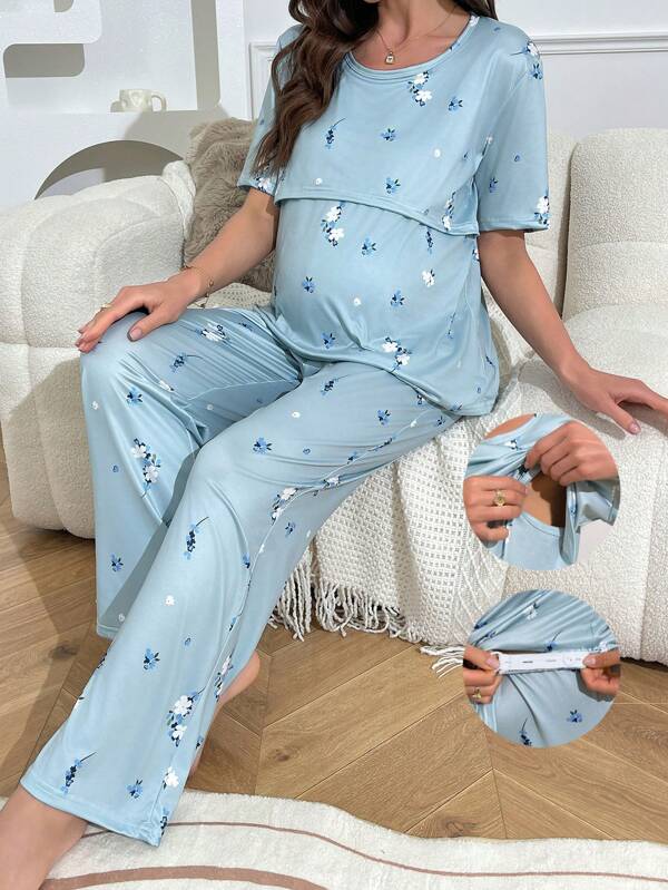 Ditsy Floral Breastfeeding Design Short Sleeve & Pants Maternity Pajama Set