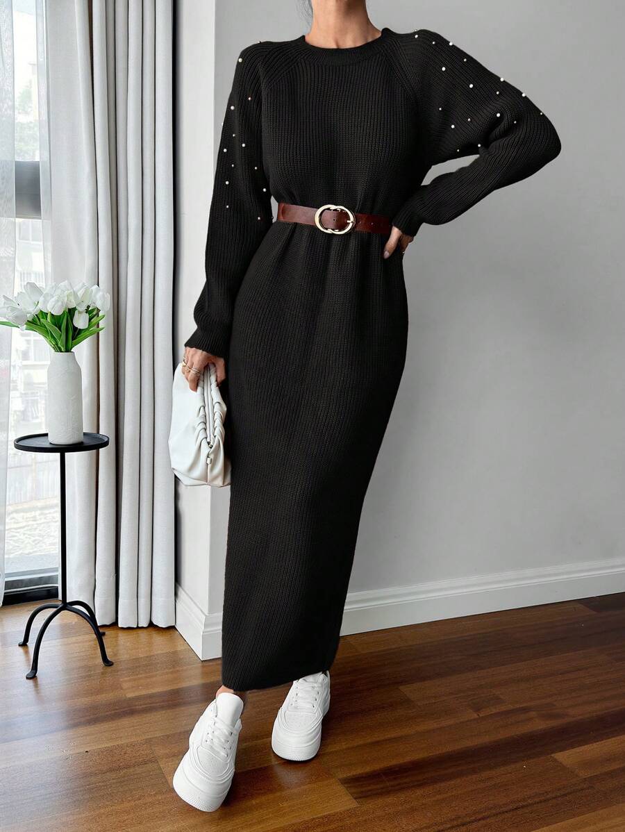 EURMUSE Round Neck Raglan Sleeve Maxi Sweater Dress With Beading - Black - View 1