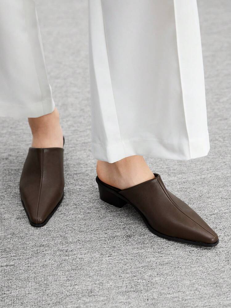 CUCCOO BIZCHIC Women's Black Pointed Toe Chunky Heel Mules, Elegant Office Wear High Heel Slip-On Shoes, Aesthetic Spring Casual Look For Christmas Spring Shoes