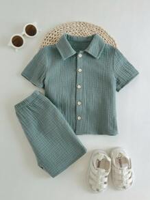 Loomiva 2 pezzi set per bimbo: camicia a maniche corte tinta unita e pantaloncini vita elastica