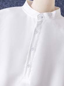 2pcs Set Teen Boys Golden Embroidery Splice Blue Chiffon Long Robe, Drop Shoulder Long Outerwear, White Stand Collar Long Sleeve Long Robe, Robe Set - Multicolor - View 8