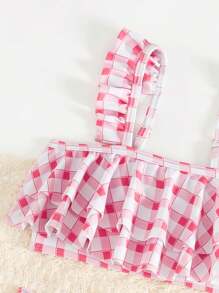Girls Pink Plaid Striped Double Ruffle Bikini Set, Matching Outfits Mommy And Me (4 Pieces Sold Separately)