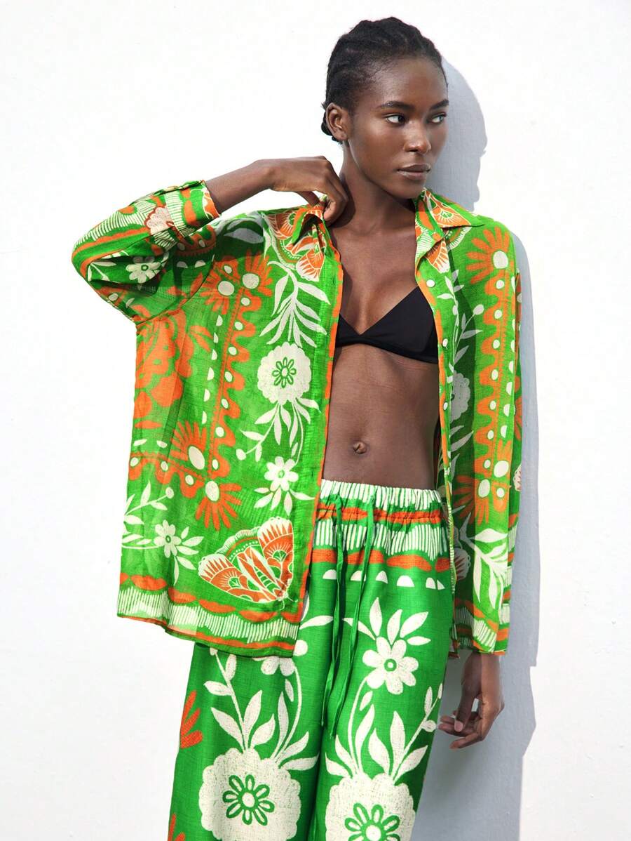 Maija 女式多色数码花卉印花衬衫，前开扣，柔软宽松长袖春季波西米亚休闲衬衫，拼色组合西部风女式 BOHO 圣帕特里克节度假女式花卉