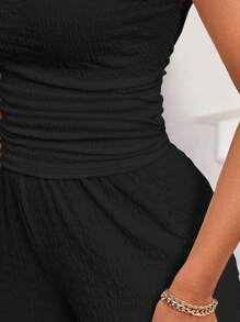 SHEIN Lady Top con textura elástica negra de cuello asimétrico y pantalones de pierna ancha con cintura elástica - Conjunto de dos piezas informal para mujer, elegante y apropiado para todas las estaciones, de talla grande