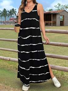 SHEIN LUNE 女士休闲无袖长裙，极简主义时尚日常穿着春假波西米亚风狂欢装节日春假装老钱风格女士狂欢装女士春季装度假装女士 - 黑色 - 查看 4