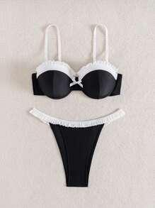SHEIN 2 pièces Ensemble de bikini avec nœud à effet bicolore noir et blanc, volants élégants pour vacances à la plage pour femmes