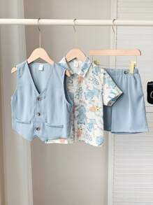 3 paquetes de conjuntos de camisa de solapa con estampado completo retro y artístico, chaleco y pantalones cortos de estilo deportivo informal para niños pequeños. Adecuado para fiestas de cumpleaños, fiestas de noche, actuaciones, bodas, bautizos, ceremonias de inauguración, uso diario, escuela, viajes, deportes, primavera y verano.
