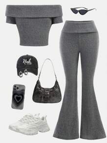 Girlism Conjunto de 2 piezas de top corto de manga corta sin hombros tejido con pantalones de cintura alta acampanados en tela pura para niña preadolescente, casual y elegante para uso diario, apto para primavera y verano, conjuntos de moda casual para niñas en la calle, vuelta al colegio, estilo campus