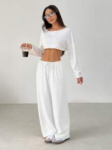 SHEIN PETITE 女士纯色抽绳腰柔软针织宽松休闲裤，秋冬，宽松裤 - 白色 - 查看 3