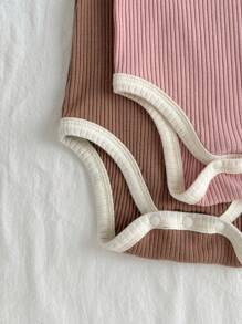 Loomiva 4PCS Baby Girl Color Block Soft Knit Long Sleeve Ruffle Shoulder Bodysuit & Elastic Waist Long Pants Set - Pink - View 9