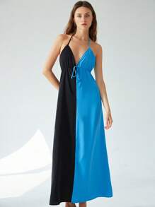 Femmeiva French Style Elegant Lady Summer Vacation Holiday Dress,Seksi Chic Loose Halter Neck Backless Cinched Waist Black & Blue Color Contrast Blackness - Multicolor - View 1