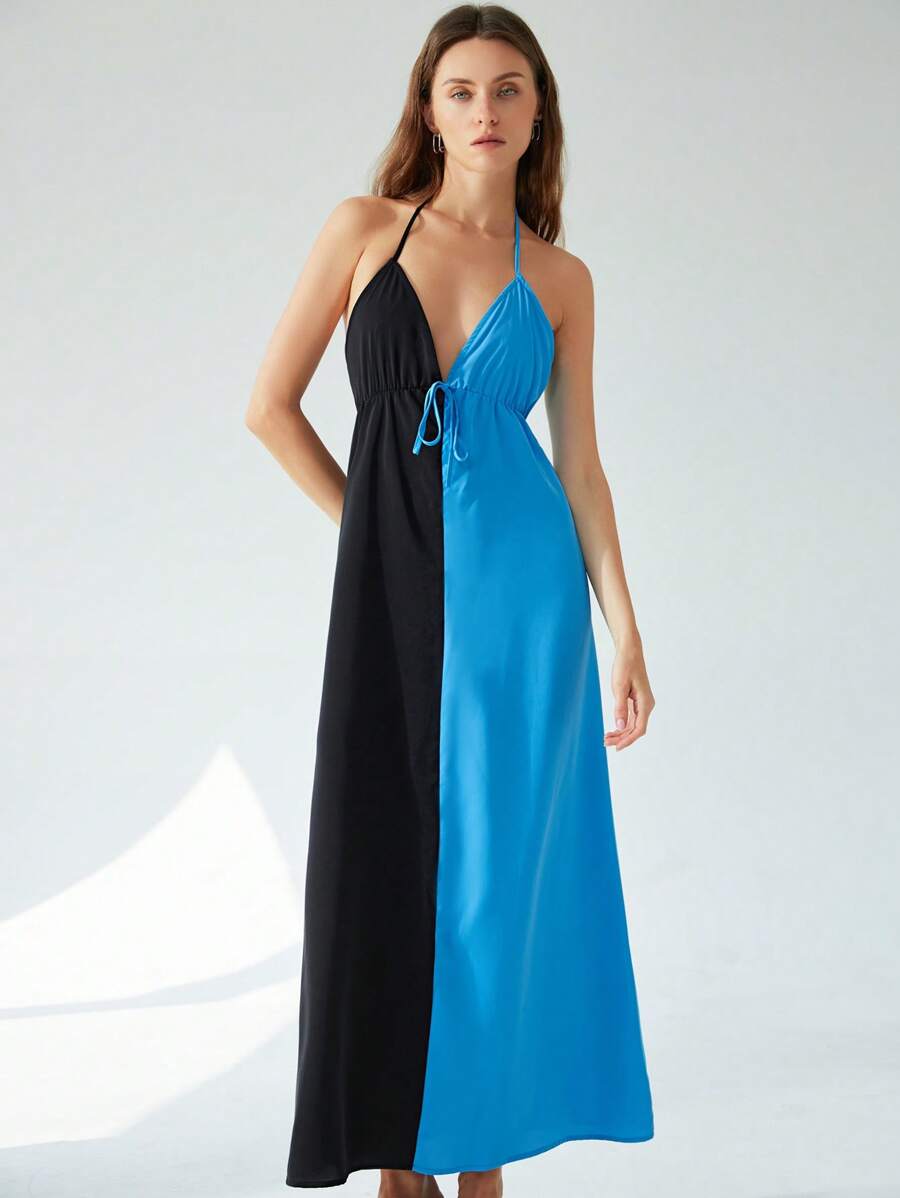 Femmeiva French Style Elegant Lady Summer Vacation Holiday Dress,Seksi Chic Loose Halter Neck Backless Cinched Waist Black & Blue Color Contrast Blackness - Multicolor - View 1
