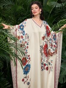 Al Najma Elegant Conservative Heavy Pearl Embellished Arabic Style Dress For Women - Apricot - View 4