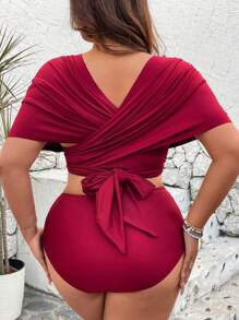 Swim Lushoire Plus Size Satin Shine Halter Style Bikini Top, Suitable For Vacation, Elegant Party For Summer - Burgundy - View 2
