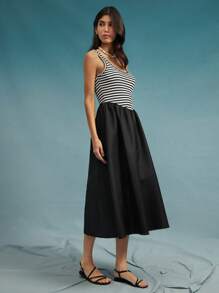 WESTFADE Áo ba lỗ cổ tròn dệt kim sọc và nylon kiểu phương Tây bó sát & xòe váy midi cowgirl mùa xuân kỳ nghỉ hè bãi biển - Đen và trắng - Xem 4