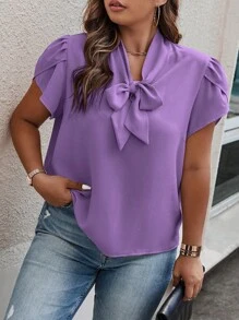 SHEIN Essnce Plus Size Casual/Office Solid Color V-Neck Tie Front Shirt - Dusty Purple - View 4