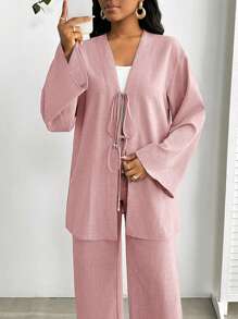 SHEIN Lady 2 件套女士休闲前系带长袖上衣和裤子套装，纯色蓝色女士两件套 - 藕粉色 - 查看 1