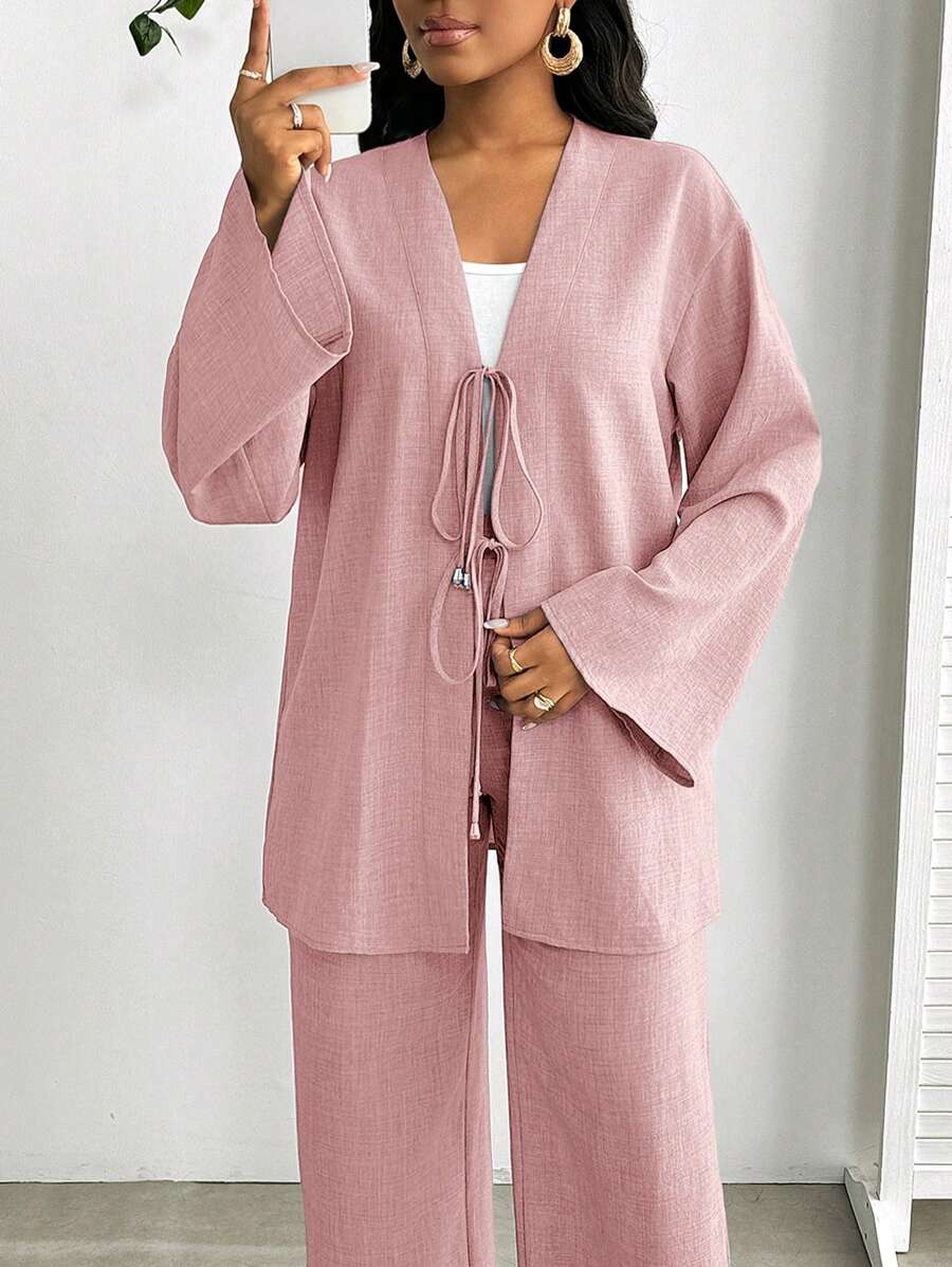 SHEIN Lady 2 件套女士休闲前系带长袖上衣和裤子套装，纯色蓝色女士两件套 - 藕粉色 - 查看 1