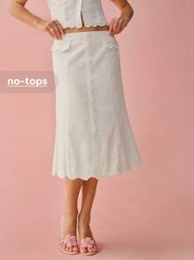 Enchnt Falda de lino con bordado de ola en el bajo, unicolor, romántica y elegante para mujer, ideal para vacaciones, citas dulces, uso diario y vacaciones