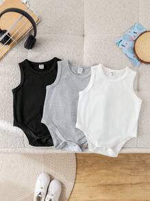 SHEIN Set de 3 piezas de pelele sin mangas de punto unisex para bebé, negro/blanco/gris