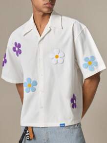 Manfinity VCAY 男士梭织时尚休闲宽松短袖衬衫，适合年轻人和日常穿着 - 白色 - 查看 4