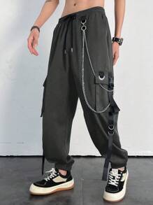 Manfinity Roghcode Loose Fit Men's Chain Detail Flap Pocket Cargo Pants - Dark Grey - View 3