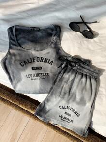 Comfortcana Women 2pcs/Set Letter Print Tie-Dye Cropped Tank Top And Shorts,Summer Sets - Black - View 5