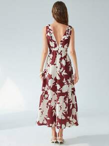 Aveloria Modichic 25 Spring/Summer New Arrival French Vintage Casual Resort Beach Deep V Sleeveless Bowknot Strap Design Waist Fitted Flowy Dress With Bold Print - Red - View 6