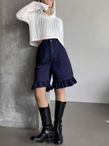 FRIFUL Women Denim Ruffle Trim Straight Leg Shorts Denim Shorts - Dark Wash - View 2