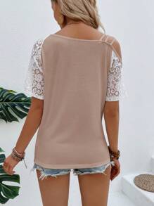 EMERY ROSE Women's Lace Patchwork Heart & Leopard Print T-Shirt Graphic Cheetah Print Tees Women Tops - Khaki - View 2
