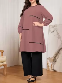 Mulvari 2pcs Elegant Crew Neck Pleat Contrast Color Plus Size Set 2 Pieces Set Fall Cloth For Women - Dusty Pink - View 1