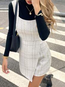 SHEIN Frenchy 大码女式格子不对称下摆休闲连体裤（带围兜）