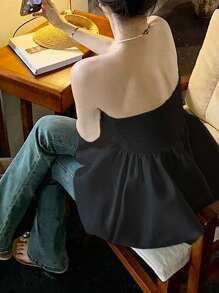 INAWLY Top con volante y peplum en unicolor elegante - Negro - Ver 2