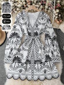 SHEIN Clasi Women's Casual V-Neck Long Sleeve Vacation Plant Print Dress - Black and White - View 8