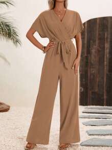 EMERY ROSE Women's Solid Color Crossed V-Neck Short Sleeve Wide Leg Casual Jumpsuit - Khaki - View 6