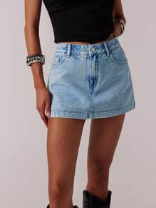 Forever 21 女式复古街头风格休闲洗水牛仔迷你裙，春季 - 淺色水洗藍 - 查看 6