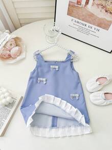 SHEIN Baby Girl Elegant Color Block Bow Decor Summer Dress - Blue - View 10