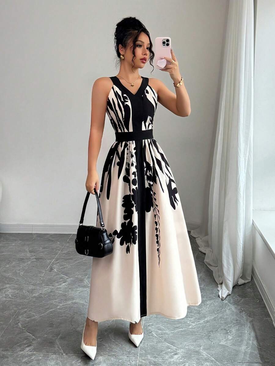 Elenzga 女士无袖细肩带简约休闲连衣裙，适合夏季 - 杏色 - 查看 1