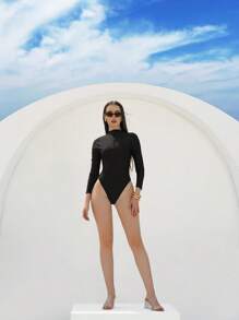 Swim Shayni 3pcs Women Summer Beach Outfits: Zipper Front Long Sleeve Swimsuit Top, Bottoms And Patterned Beach Dress Cover Up, Modest Resort Bikini Set - Black - View 6